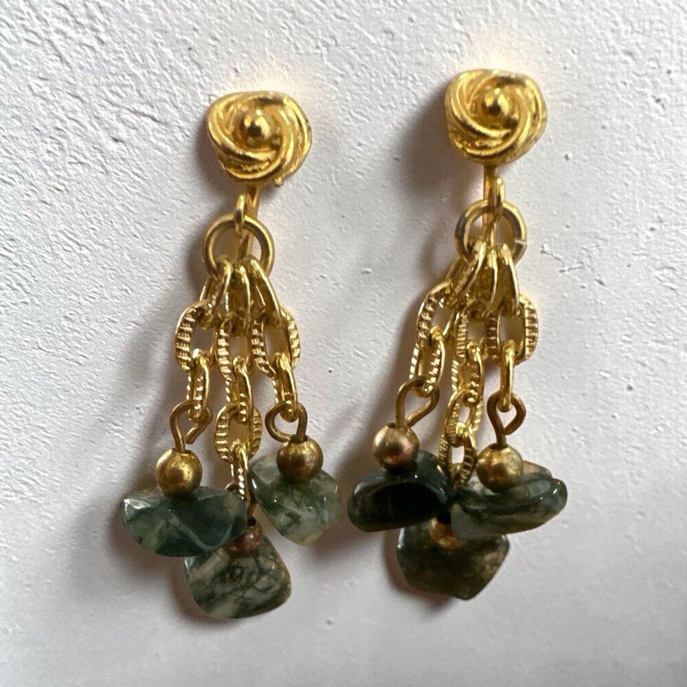 VTG Hobé Natural Stone 3 Strand Screw On Earring Gold